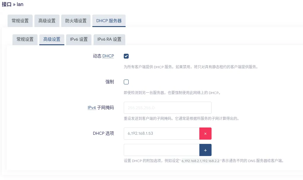 网络 -> 接口 -> 编辑 -> DHCP 服务器 - > 高级设置 -> DHCP 选项